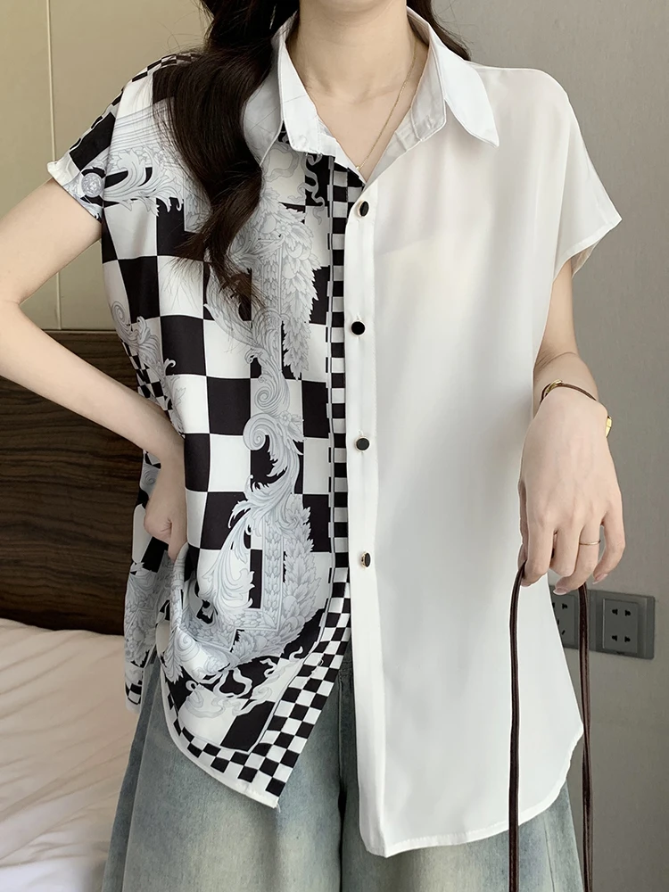 YERMORA الأبيض تقسم منقوشة طباعة بلوزة غير رسمية للنساء التلبيب قصيرة الأكمام فضفاضة قميص جديد موضة المد الربيع الصيف 2025