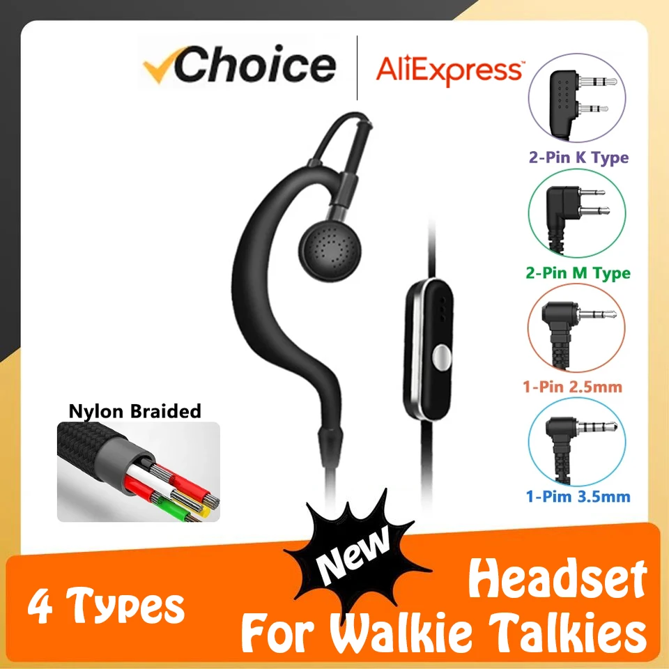 

Гарнитура Walkie Talkie, нейлоновые плетеные наушники PTT, 2-контактный/1-контактный порт, наушник для Kenwood Motorola Radio Baofeng Quansheng Radios