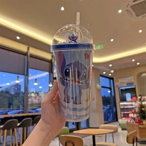 Disney-cup of double layer, Lilo and Stitch, couple of angels, cartoons, drink, straw, portable, boy and girl, 450ml 9 Main Sales Stitch Mug - №1