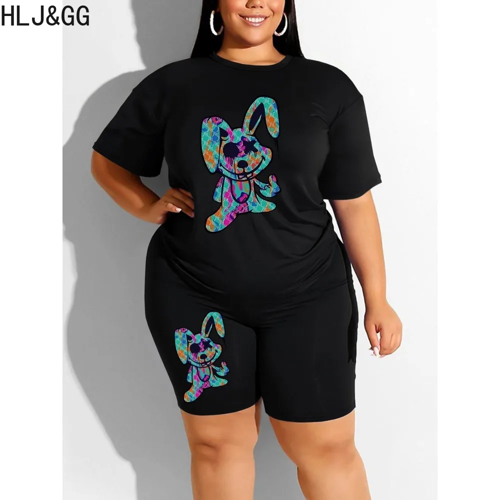 HLJ&GG Casual Pattern Printing Two Piece Sets Women Round Neck Short Sleeve Tshirt + Biker Shorts Outfits Female 2pcs Tracksuits