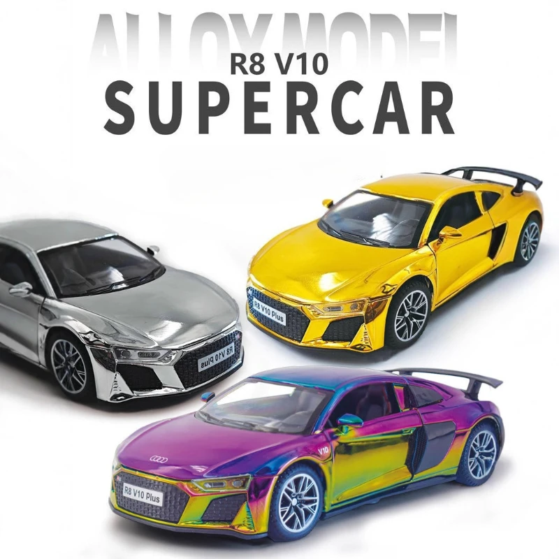 โมเดลรถสปอร์ต R8 ไดแคสต์ ขนาด 1:32 พร้อมเสียงและไฟ ของเล่นรถโลหะแบบดึงหลัง ของขวัญวันเกิดสำหรับเด็กผู้ชาย รถของเล่นเคลือบไฟฟ้า