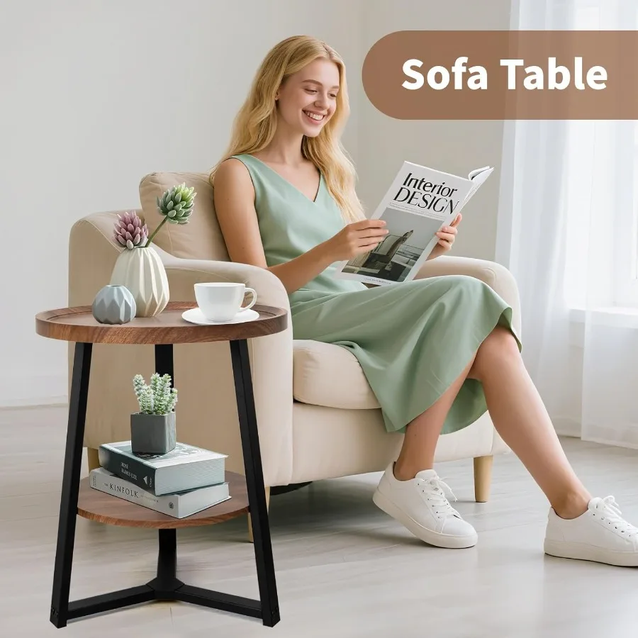 Mesa lateral redonda de 2 camadas para sala de estar pequena mesa de cabeceira de madeira com prateleira de armazenamento 19,5 polegadas círculo ac