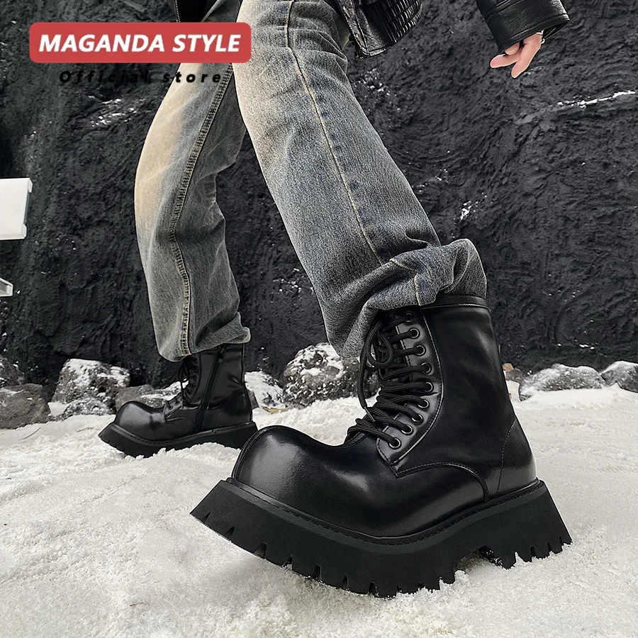 Bellissimi e ruotati ~ Stivali corti da 5 cm con altezza maggiorata per uomo Stivali da lavoro da moto con cerniera laterale in pelle scarpe alte in pelle