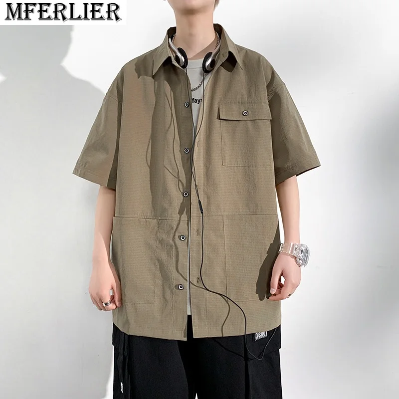 

summer men shirt short sleeve plus size 8XL pockets japanese style cargo shirt fashion casual hipster shirts