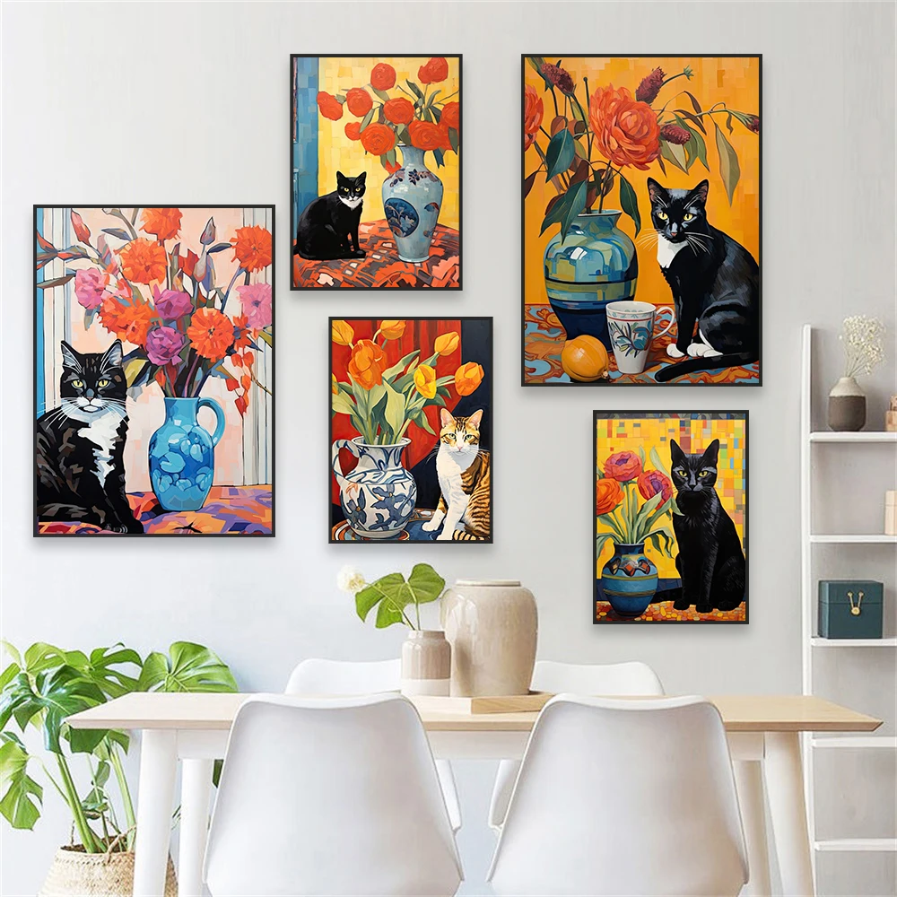 

Colorful Flower Vase And Black Cat Print Poster Matisse Art Canvas Painting Funny Cute Cat Wall Art Home Bedroom Decoration