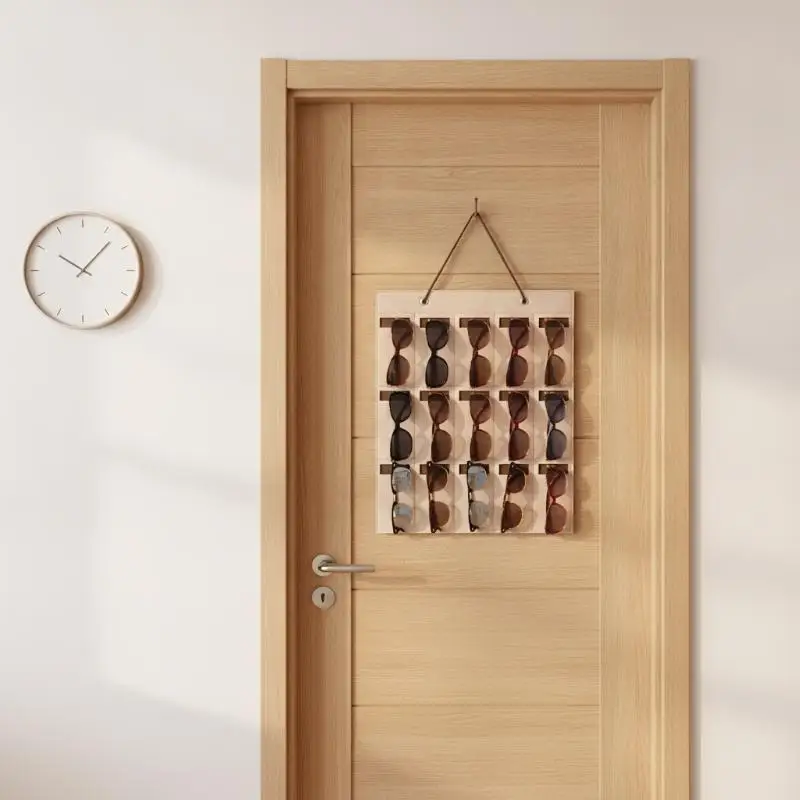 Felt Hanging Sunglasses Storage Organizer 15 Slots Strong Leather Strap Space Saving for Wall Door Closet Daily Use
