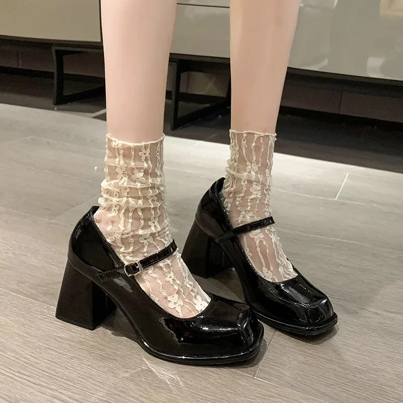 Ladies Summer Black New Small Leather Shoes Mary Janes Vintage Buckle Non-Slip Sandals Woman Medium Heels Casual Elegant Heels