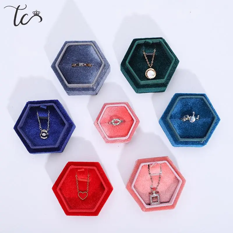 Joyero Hexagonal de terciopelo para anillos, pendientes, collar, colgante, pulsera, caja de exhibición de almacenamiento, caja de regalo de propuesta de boda