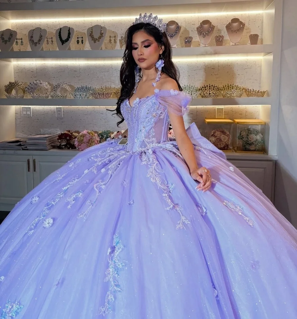 Sukienki Quinceanera Charro w kolorze liliowym, suknie balowe z odkrytymi ramionami, aplikacje, koraliki, meksykańskie sukienki Sweet 16, 15 Anos, szyte na miarę