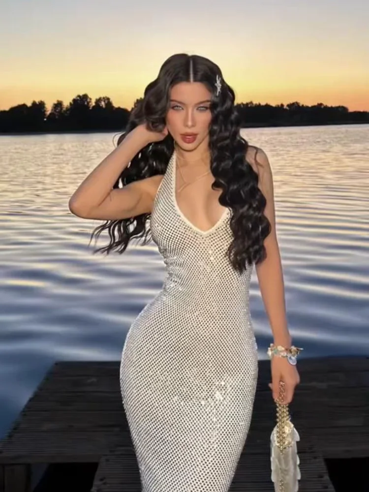 تألق الخامس الرقبة الرسن فستان طويل امرأة بلا أكمام الخصر Cinched عارية الذراعين مثير رداء شيك بلون المرأة فساتين السهرة الجديدة #2