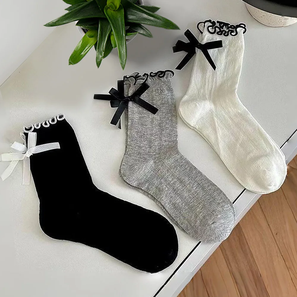 3 Pairs Cute Bowknots Cute Socks Women Lolita Sweet Girls Kawaii Socks Japanese Styles Solid Color Black White Gray Long Socks