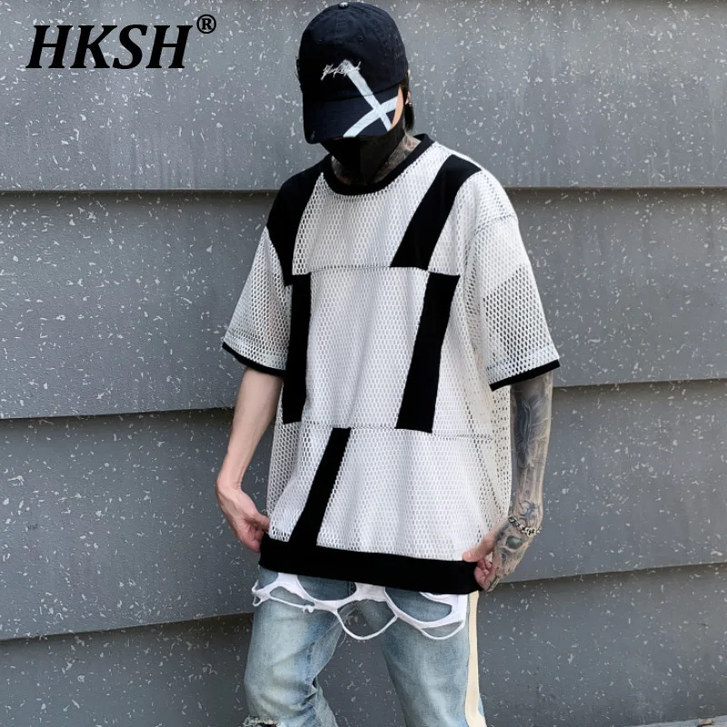 

HKSH Summer New Hollowed Out Black And White Color Matching Short Sleeve T-shirt Men's Tide Chic Fashion O-Neck Mesh Tees HK0153