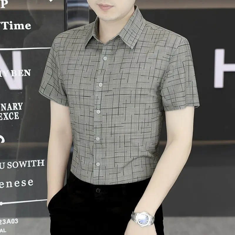 Men's Abstract Line Print Short Sleeve Shirt Turn Down Collar Casual Slim Fit Formal Business Tops