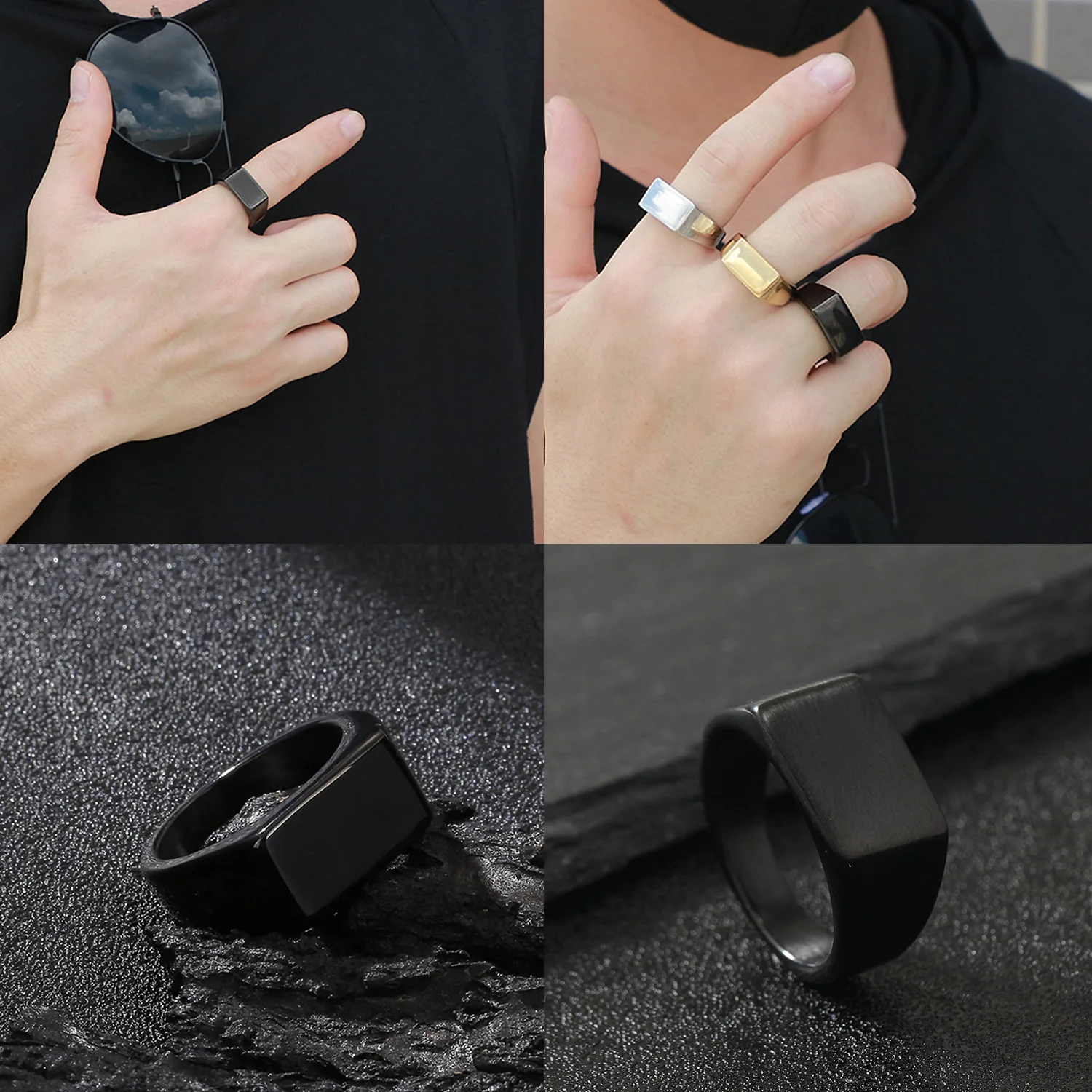 New 2024 Metal Glossy Rings for Men Geometric Width Signet Square Finger Punk Style Fashion Ring Jewelry Accessories