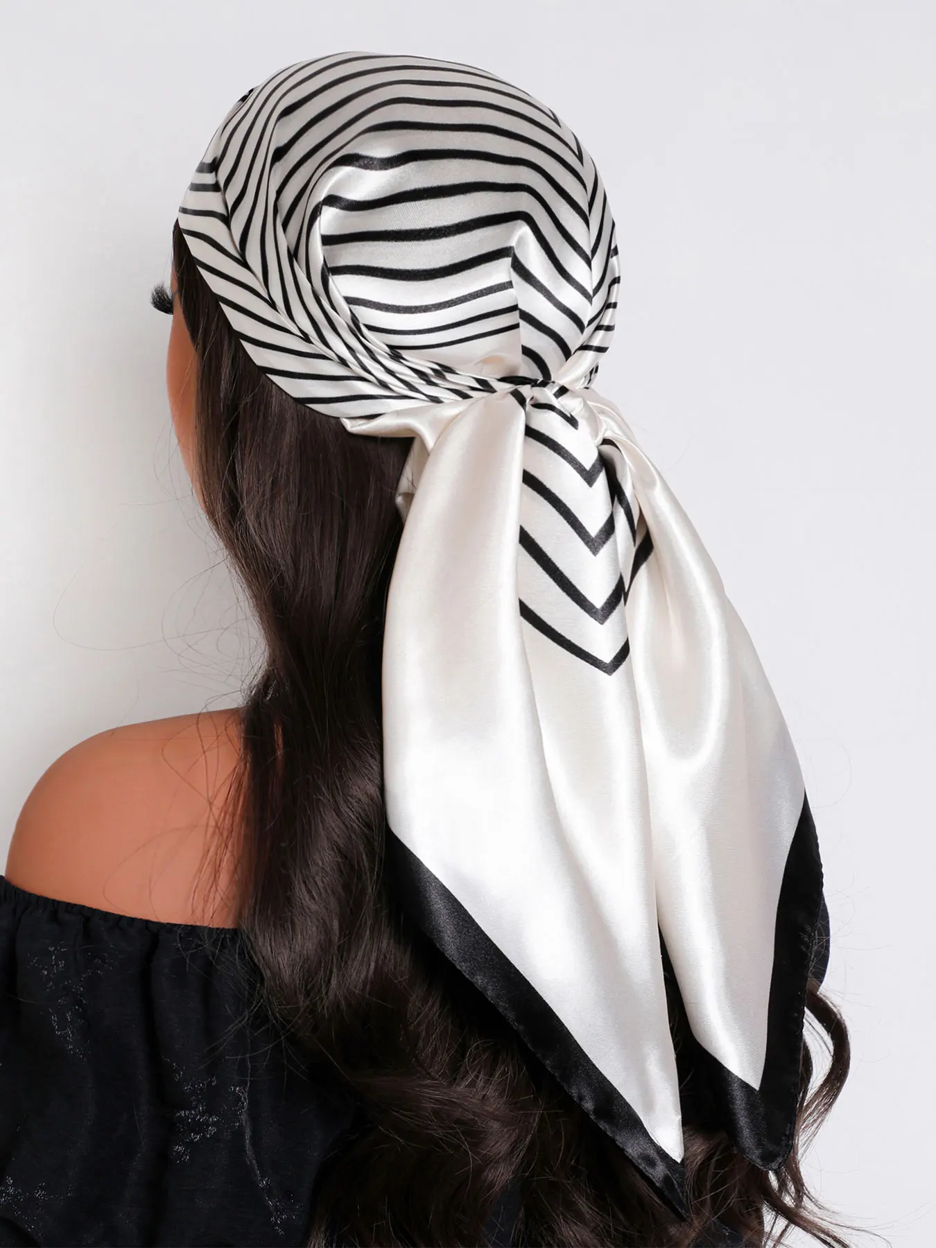 Black White Stripe Chevron Satin Square Scarf 90x90cm, Women Large Headscarf Neck Shawl Multi‑use Bag Accessory Gift