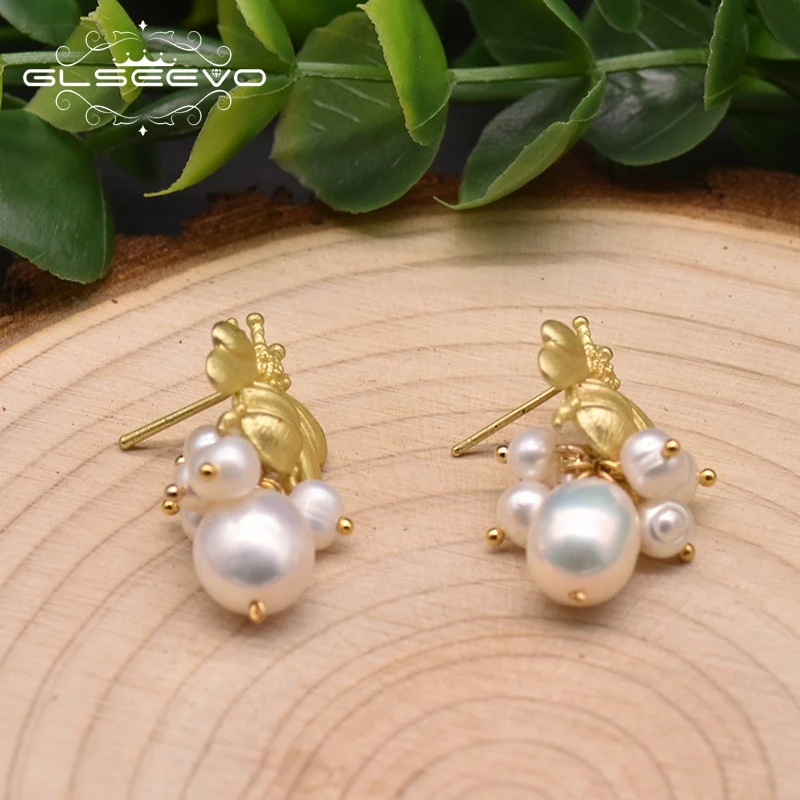 GLSEEVO Natural Freshwater Pearl Bee Drop Earrings For Women Anniversary Handmade Personalized Style Jewelry GE0990C