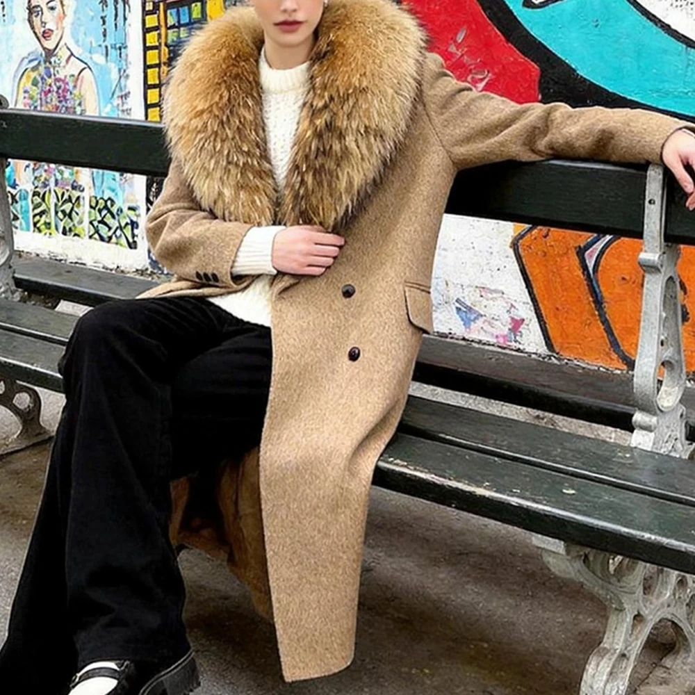 OFTBUY Wollmantel für Damen, Luxuriöse Doppelseitige Wolljacke, Winter-Oversize-Mantel mit Echtem Fuchsfell, Doppelreihig, Elegante Oberbekleidung – Detail 9