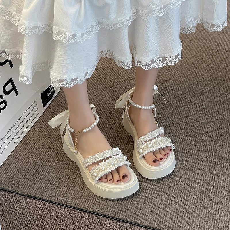 Women\'s Sandals Summer New Thick Bottom Round Head Open Toe Pearl Buckle Sandals Casual Fashion Soft Sole Non-slip Sandals