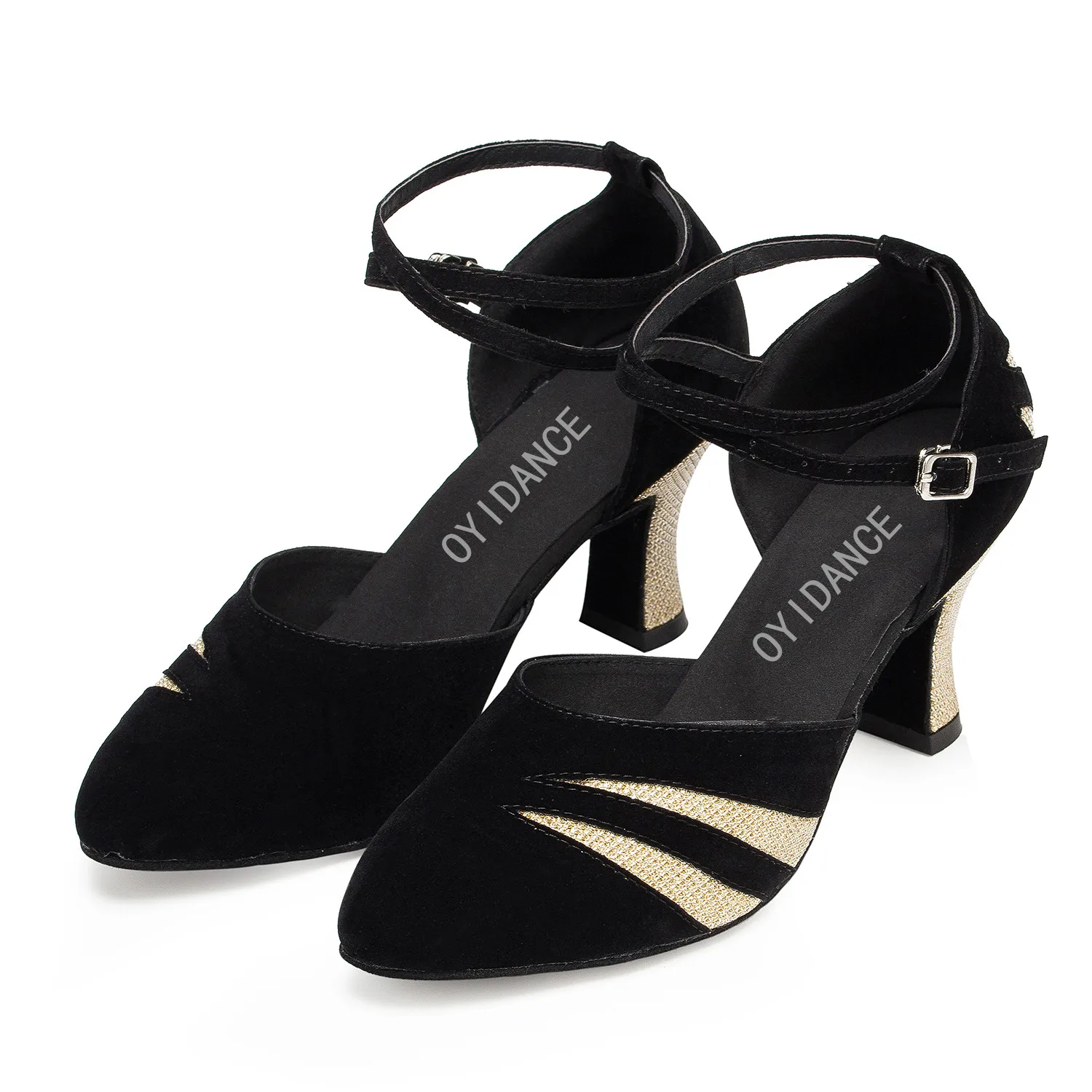 Zapatos de ante negro para mujer, calzado de baile latino, Tango, salón, Punta cerrada, Salsa, talla grande