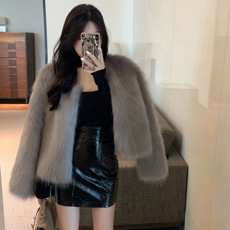 MEXZT Fashion Harajuku Faux Fox Fur Coat Women Winter Korean Slim Leather Jacket Female Casual Natural Color Open Stitch Coat