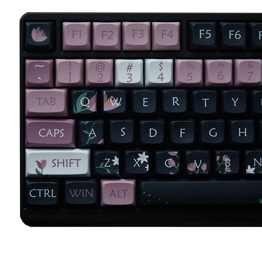 XDA PBT 꽃 Tulipa 키캡, 기계식 키보드, 블랙 핑크 키캡, Aula F87pro Crush80 Evo80 Gx87 Raven68, 127 키