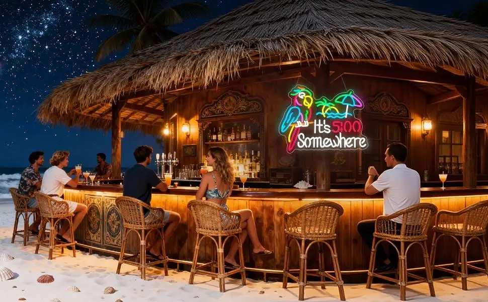 Tropical Parrot Tiki Bar Neon Sign USB Dimmable LED Light for Pub Man Cave Hawaii Beach Party Art Decoration Night Light Gifts