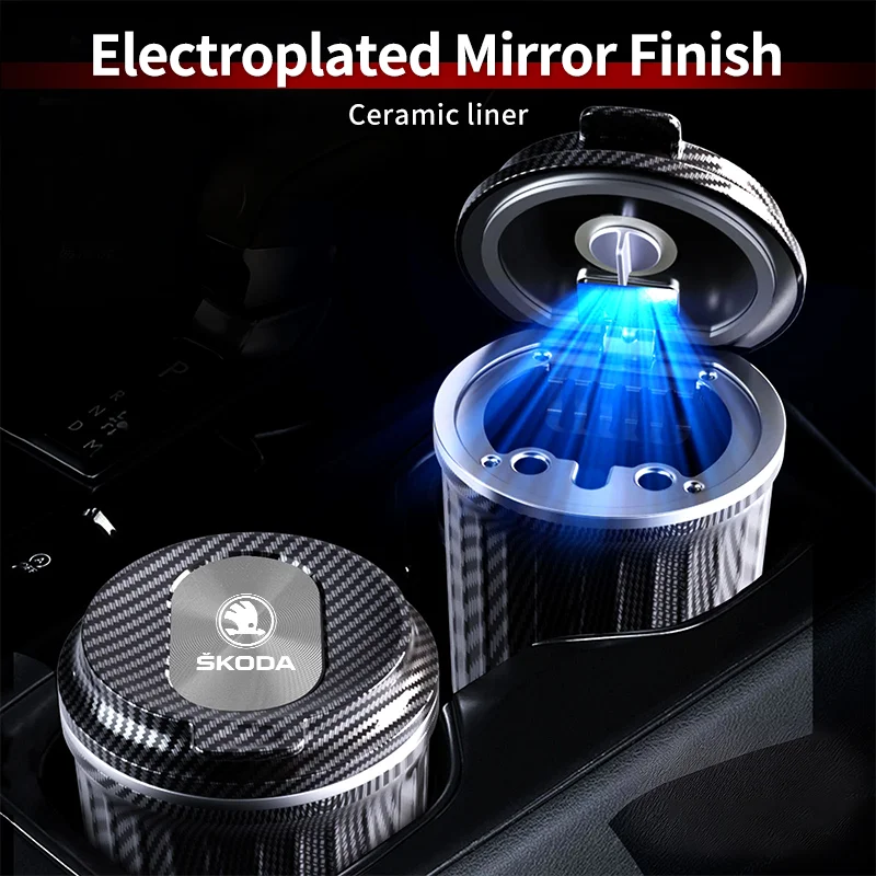 Car LED Ashtray Retardant Ash Holder Cigarette Box Ash Case Accessories For Skoda Octavia Rapid Kodiaq Superb Derivative Karoq F