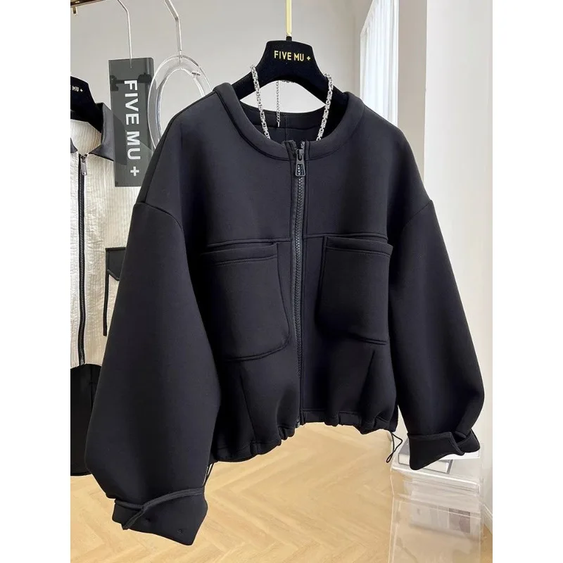 Blouse Jacket Women's Autumn Plus Size Round Neck Cropped Relaxed Fit American Style Retro Niche Casual Minimalist Comfortable