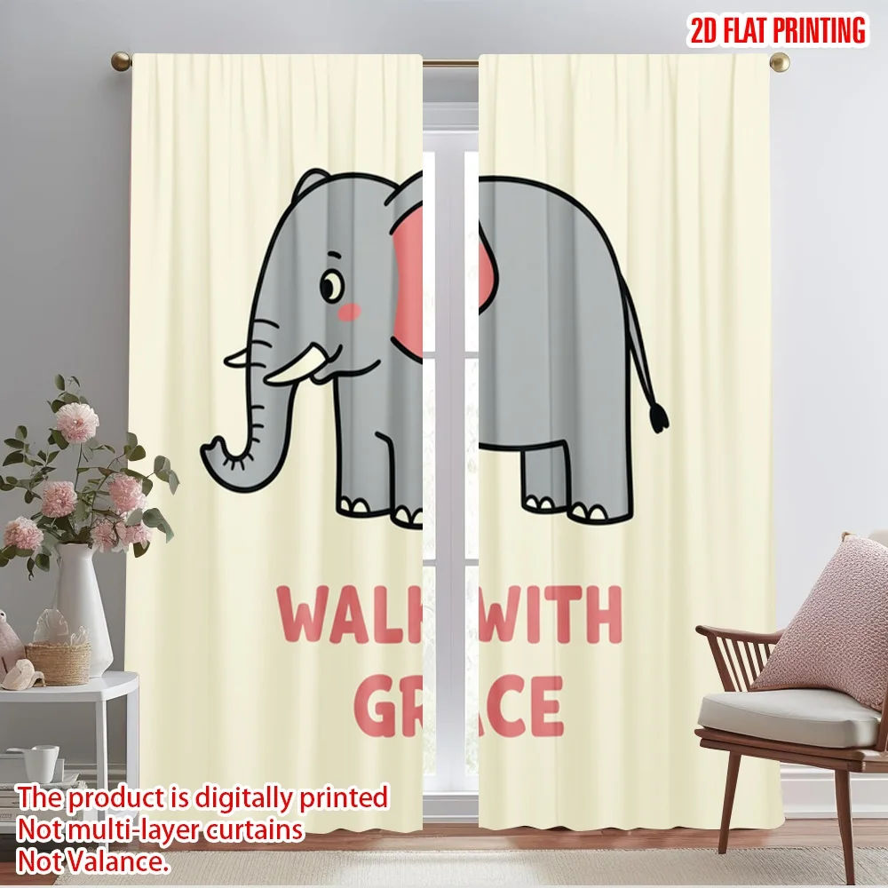 

2pcs 2D flat printing Party Window Curtains WALK WITH GRACE ELEPHANT 100% Polyester Without Electricity Family Party for Photo