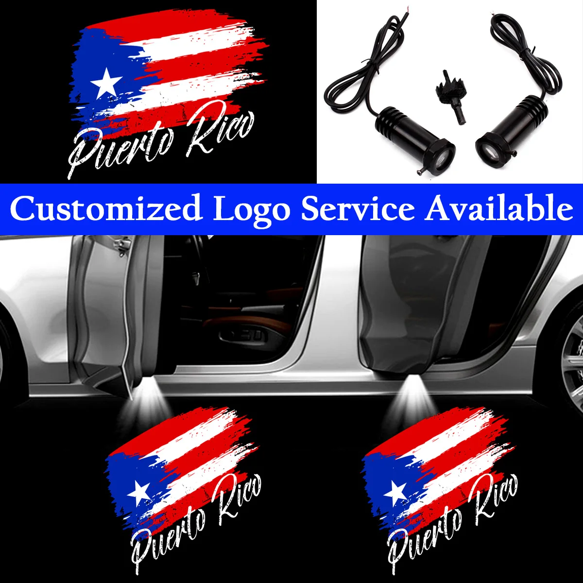 2x Puerto Rico Flag Logo Car Door Lights Puerto Rican Wired Welcome Courtesy Door LED Light Ghost Shadow Puddle Projector Light