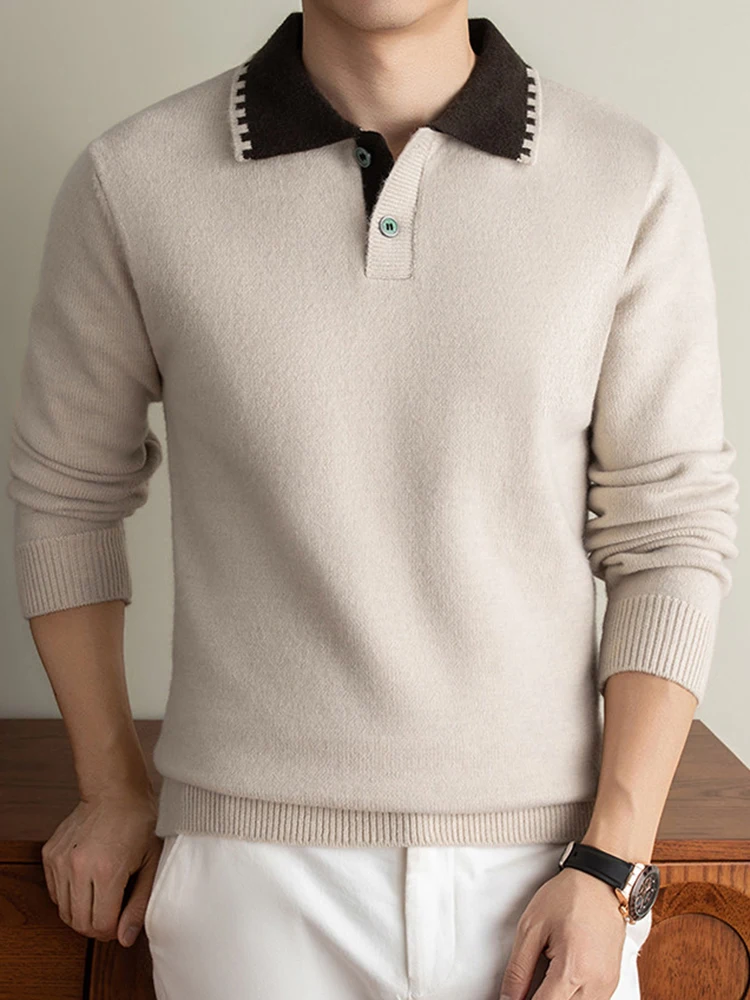 Daily Casual Men Contrast Color Lapel Knitted Polo Sweater Long Sleeve Thick Knitting Pullover Autumn Winter Warm Outerwear Men