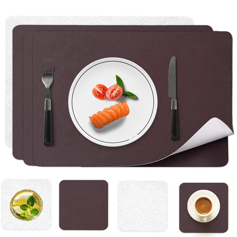 Placemats Leather And Coasters, Double-Sided Placemats Washable Non-Slip PU Glass Coasters Place Mats