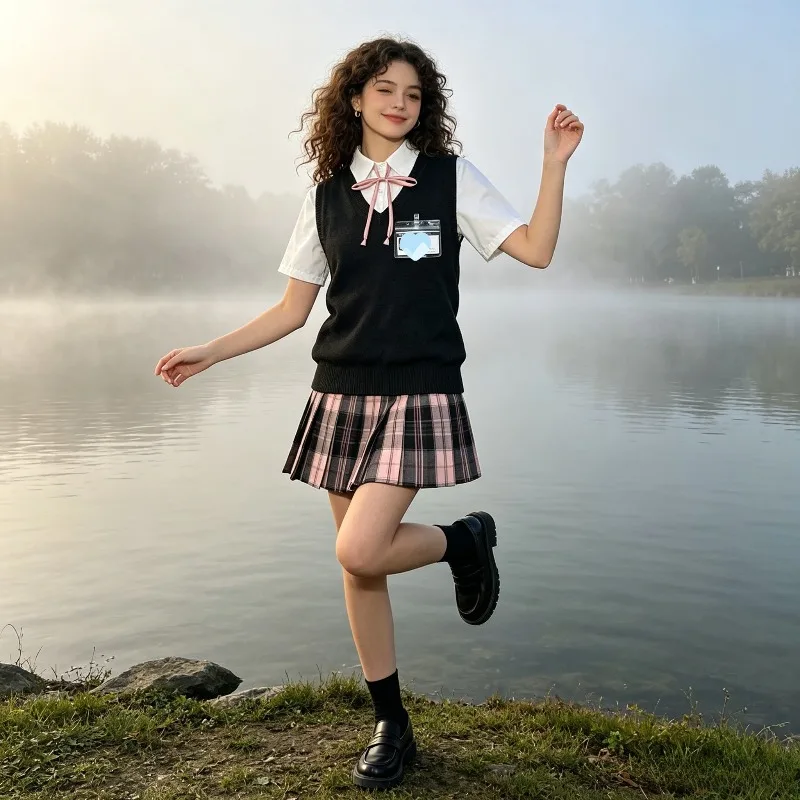 

Japanese School Uniform, Knitted Vest+short Sleeved White Shirt+pleated Plaid Skirt, College Style Student Daily Outfit Set