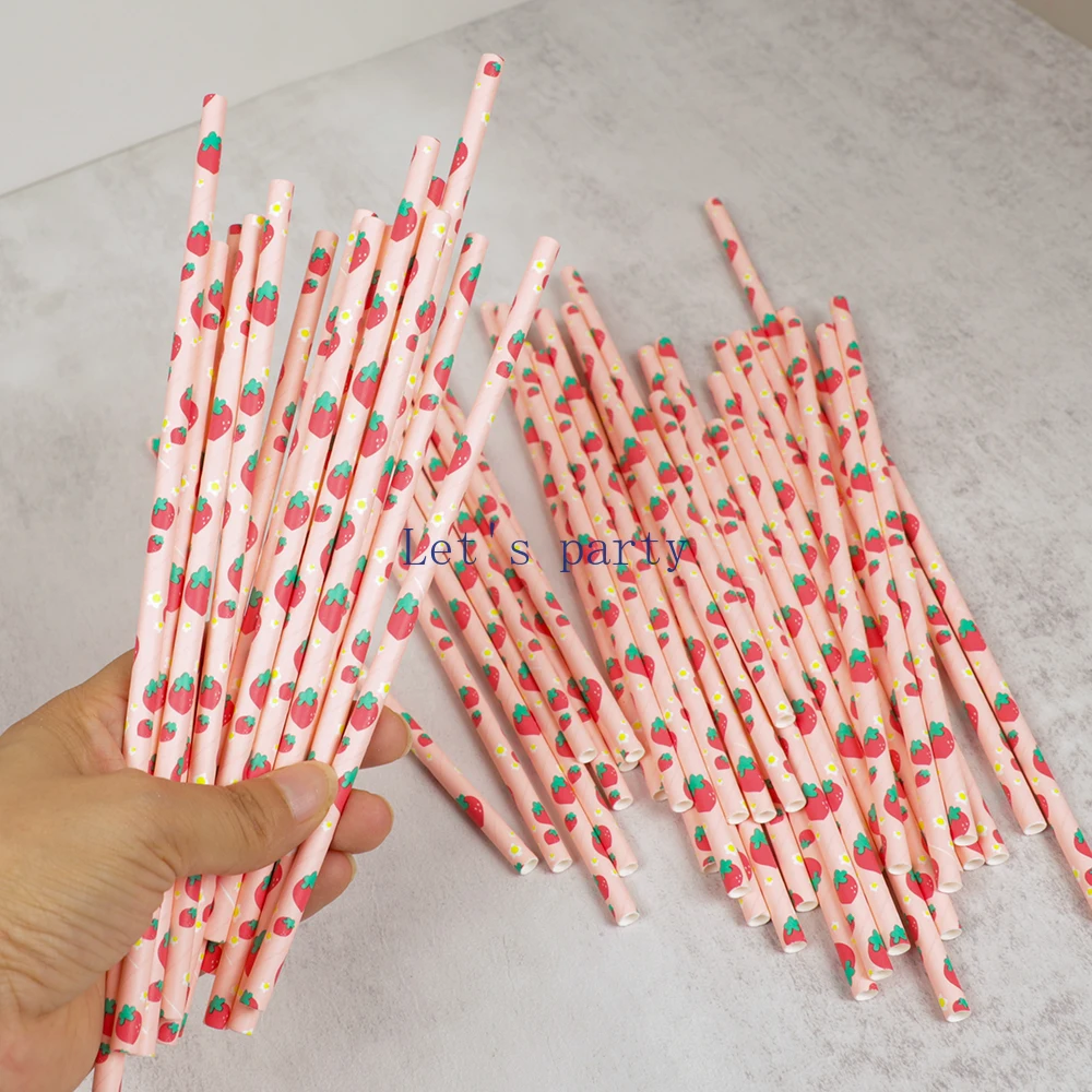 Pailles en papier jetables à thème fruits sucrés et fraises, 100 pièces, pour enfants filles, décoration de fête d'anniversaire, réception-cadeau pour bébé