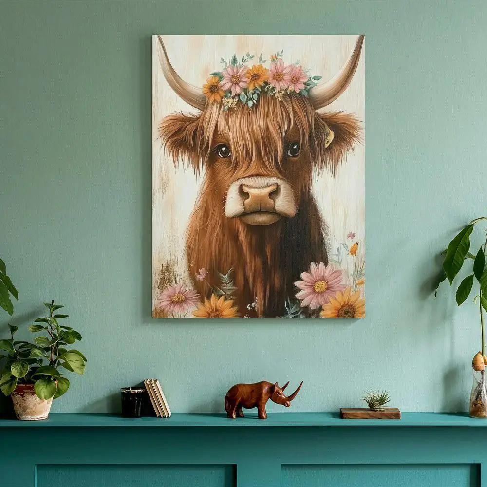 โมเดิร์นผ้าใบตกแต่งภาพวาด-ดอกไม้ฤดูใบไม้ผลิ Highland Cow สีขาวพื้นหลังห้องนั่งเล่นห้องนอนผนังตกแต่ง Art