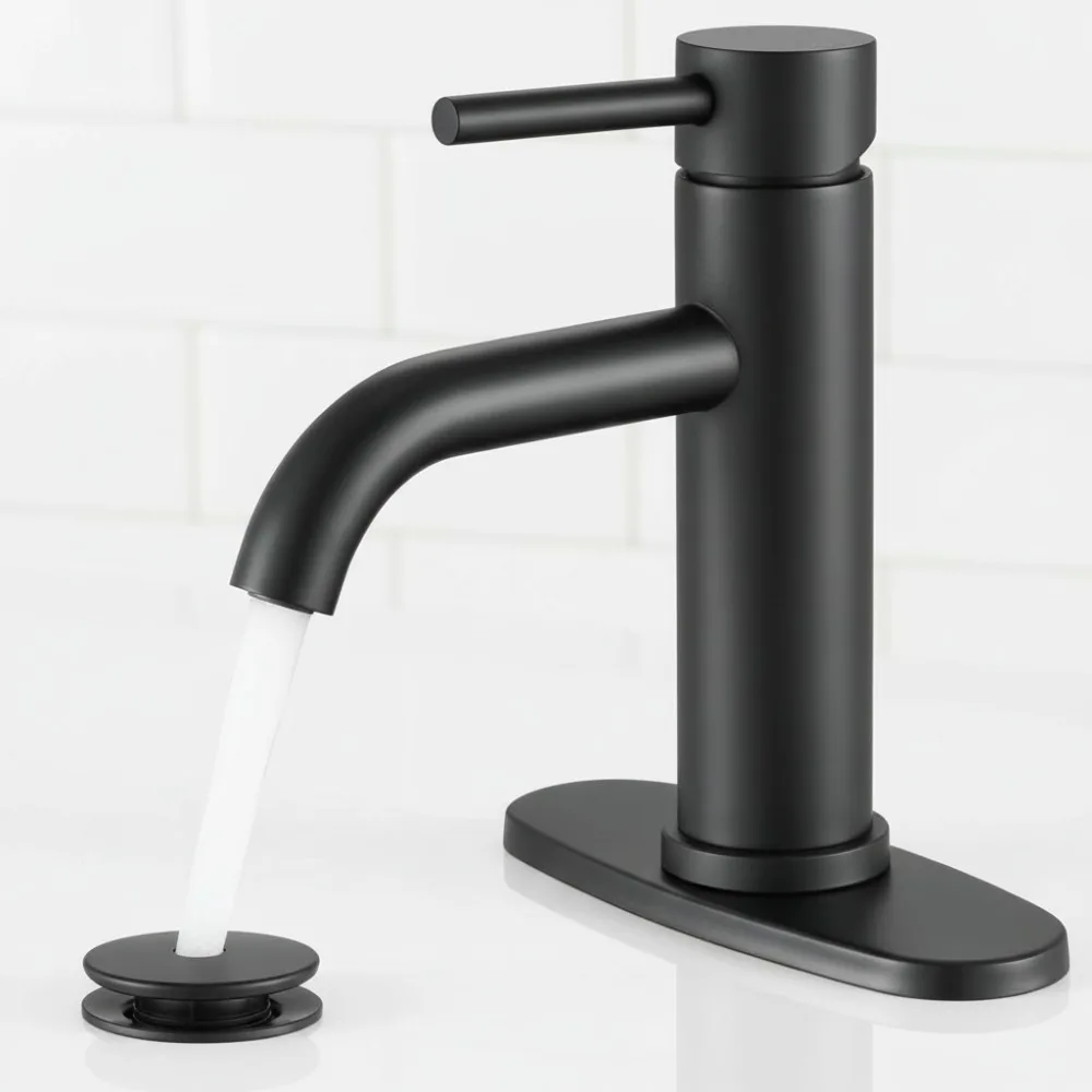 

Modern Black Bathroom Faucet with Pop-up Drain, Water Saving Single Handle Sink Faucet for Vanity RV Farmhouse