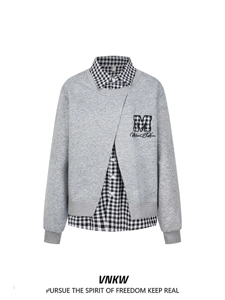 

Retro American Plaid Splicing Embroidered Sweatirt Loose ex Casual Sle Stand Fit Long Sve Autumn irt Jaet