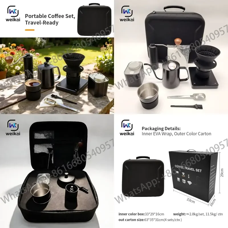 10Pcs Portable Travel Hand-Brew Coffee Set with Thermometer Kettle, Stainless Steel Grinder Camping Coffee Kit in Durable
