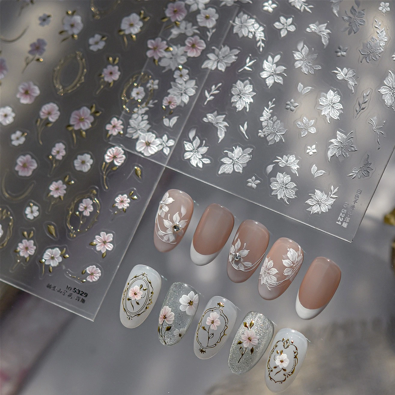 Camelia rosa dorada, flores blancas, flor de melocotón, Magnolia, poesía rosa, Frangipani, Margarita, abalorio de lirio Vintage, pegatinas para decoración de uñas
