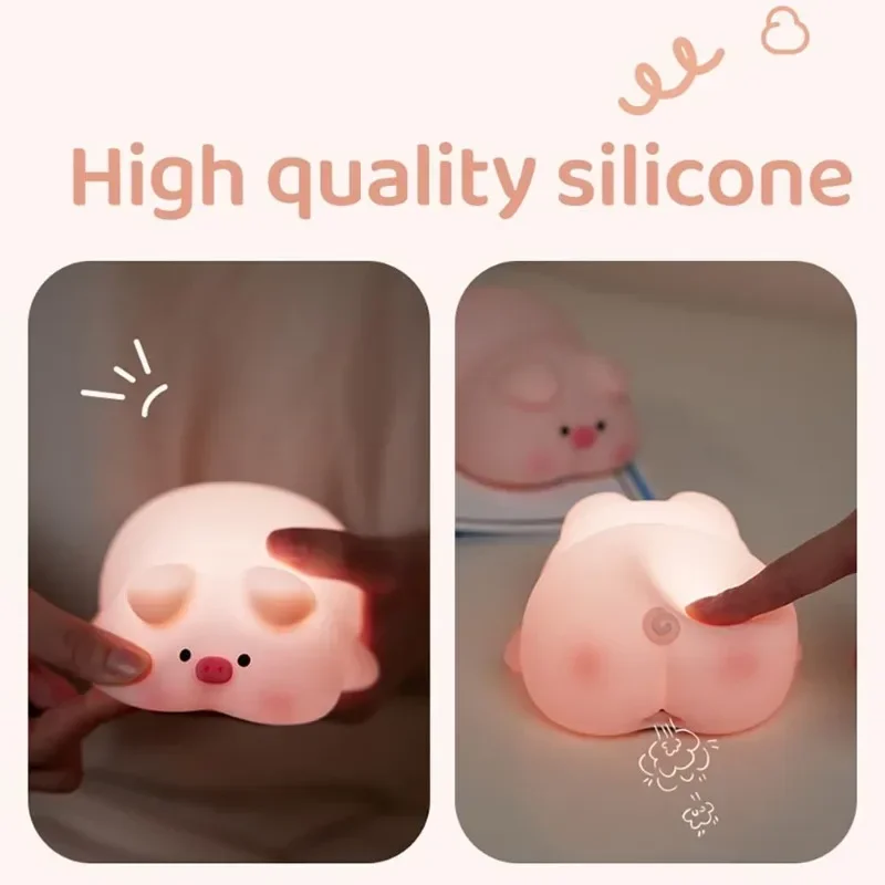 Piggy Night Light Pink Piggy Cute LED Silicone Cartoon Silicone Lamp USB Rechargable Timing for Bedroom Decor Kids Birthday Gift