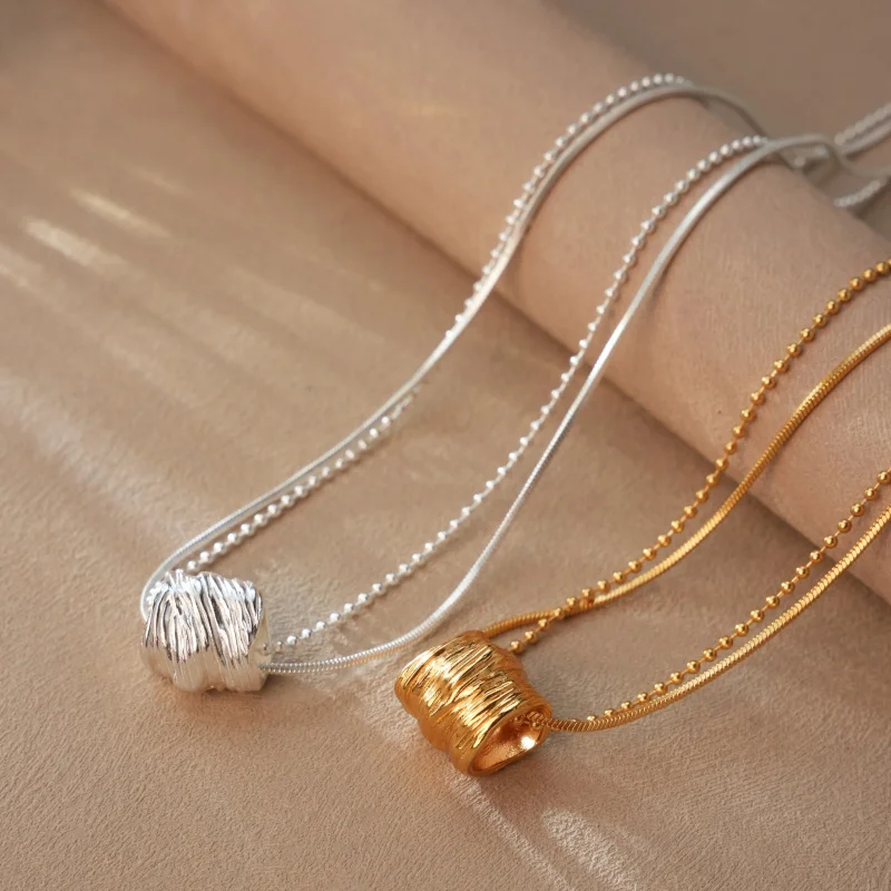 Litheline Silver-Tone Dual-Chain Textured Barrel Necklace, Skin-Safe Anti-Tarnish Modern Minimalist Layered Jewelry