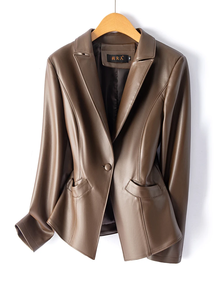 Nouvelle veste en cuir véritable pour femme, collection Printemps 2025, style élégant et personnalisé, en peau de mouton, coupe ajustée, vêtement d'extérieur.