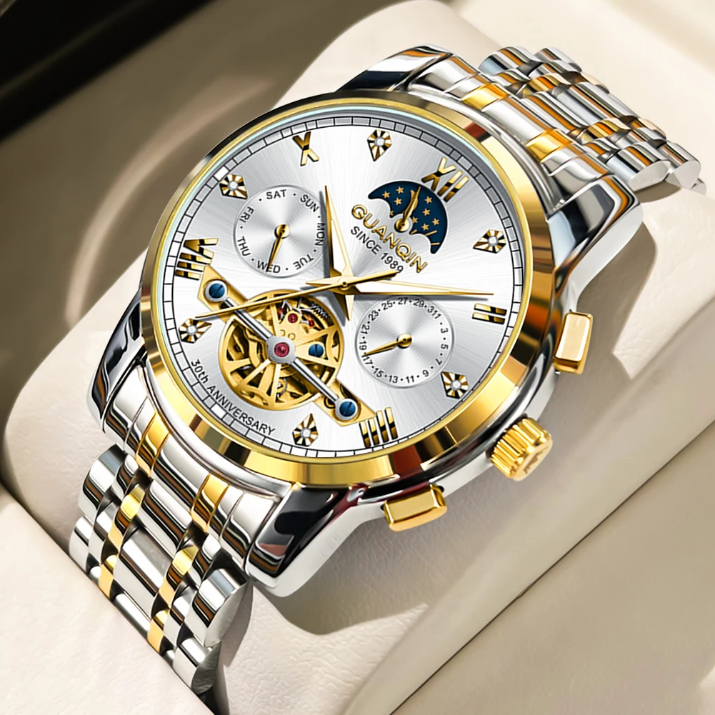 GUANQIN Men's Watches Business Fashion Fine Steel Sapphire Mirror Original Automatic Mechanical Moon Phase Date Week Waterproof