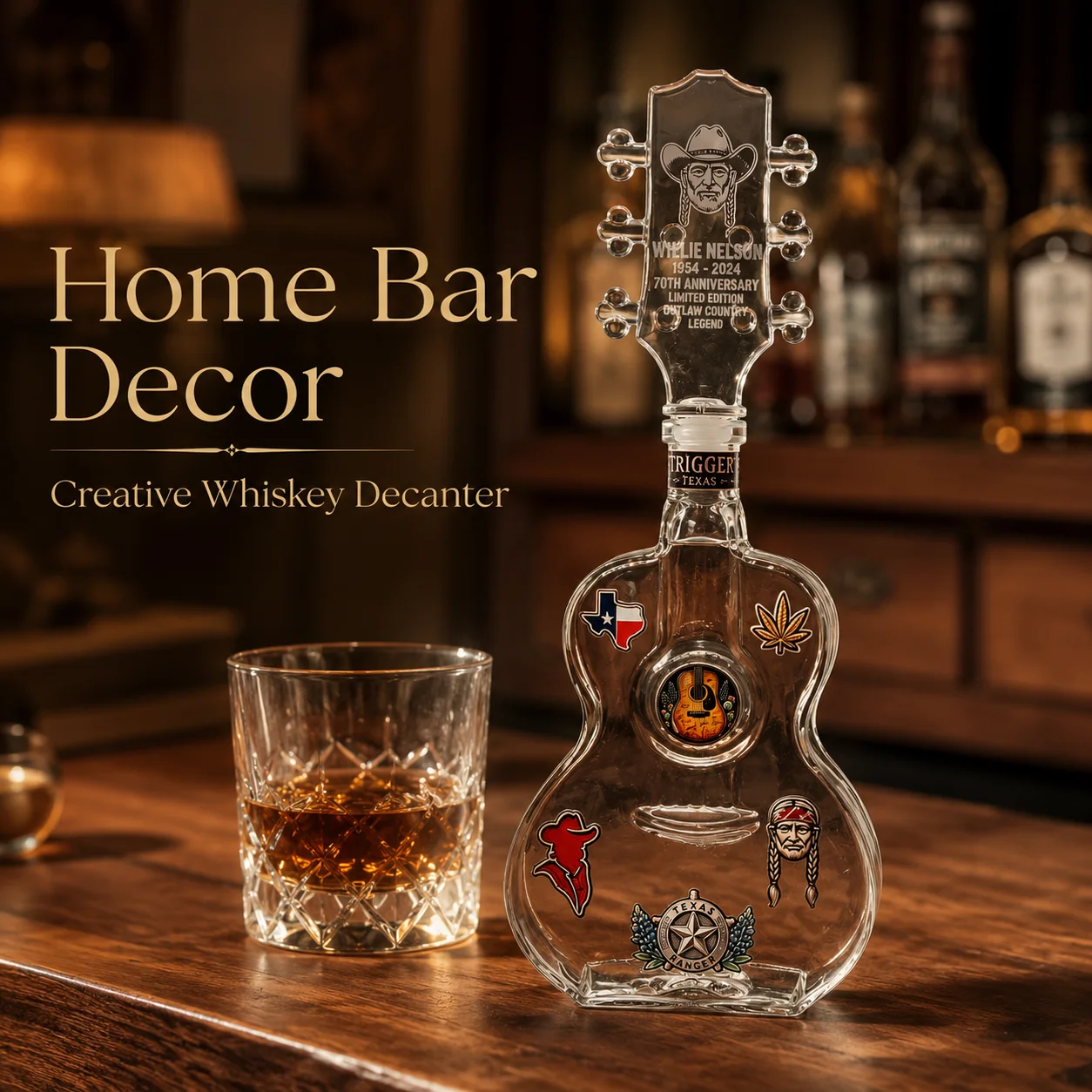 Willie Nelson Country Legend Style Glass Decanter Guitar Shaped Whiskey Bottle Decorative Barware Collectible Gift