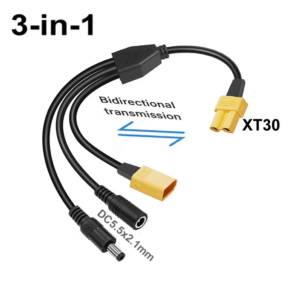 3-in-1 XT30 to Two DC5521 Connector Convert Cable, Male/Fema