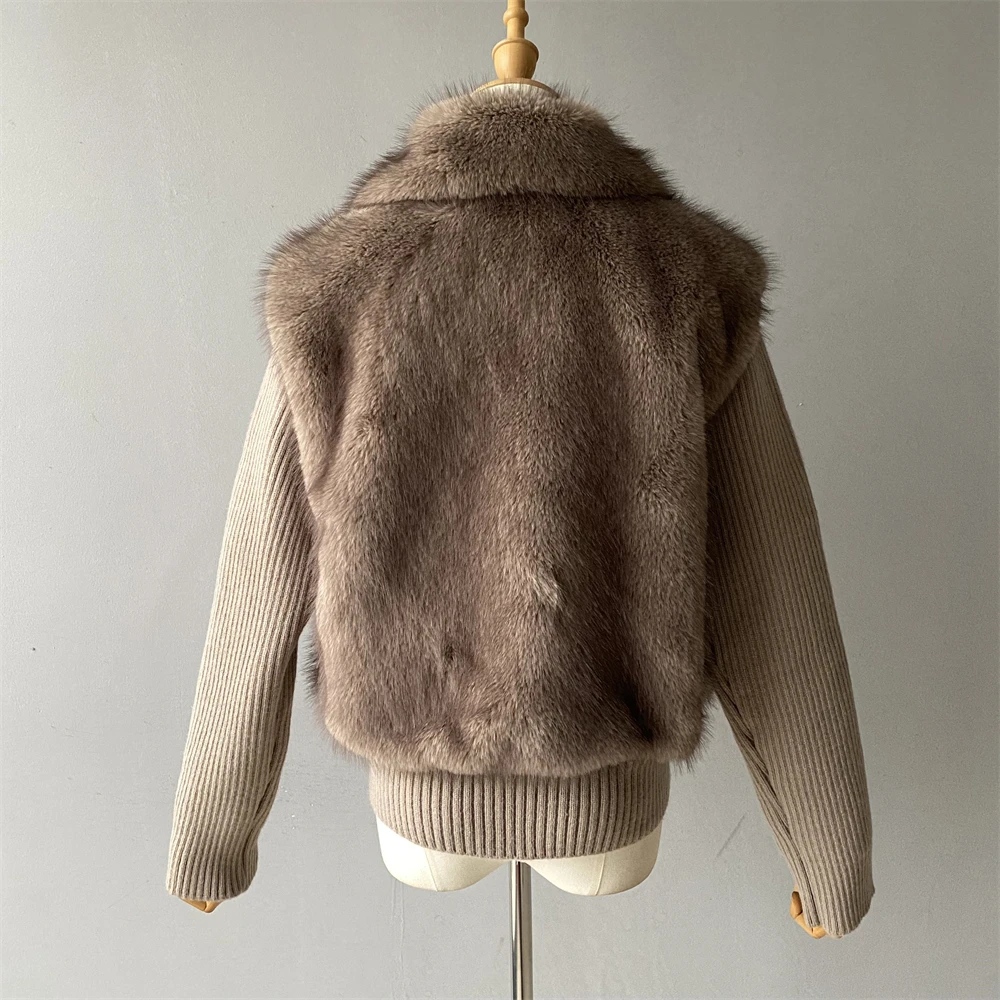 Luxyonuo casaco de inverno feminino moda malha costela retalhos casaco de pele do falso casual quente jaqueta com zíper 2025 outono nova lapela outerwear