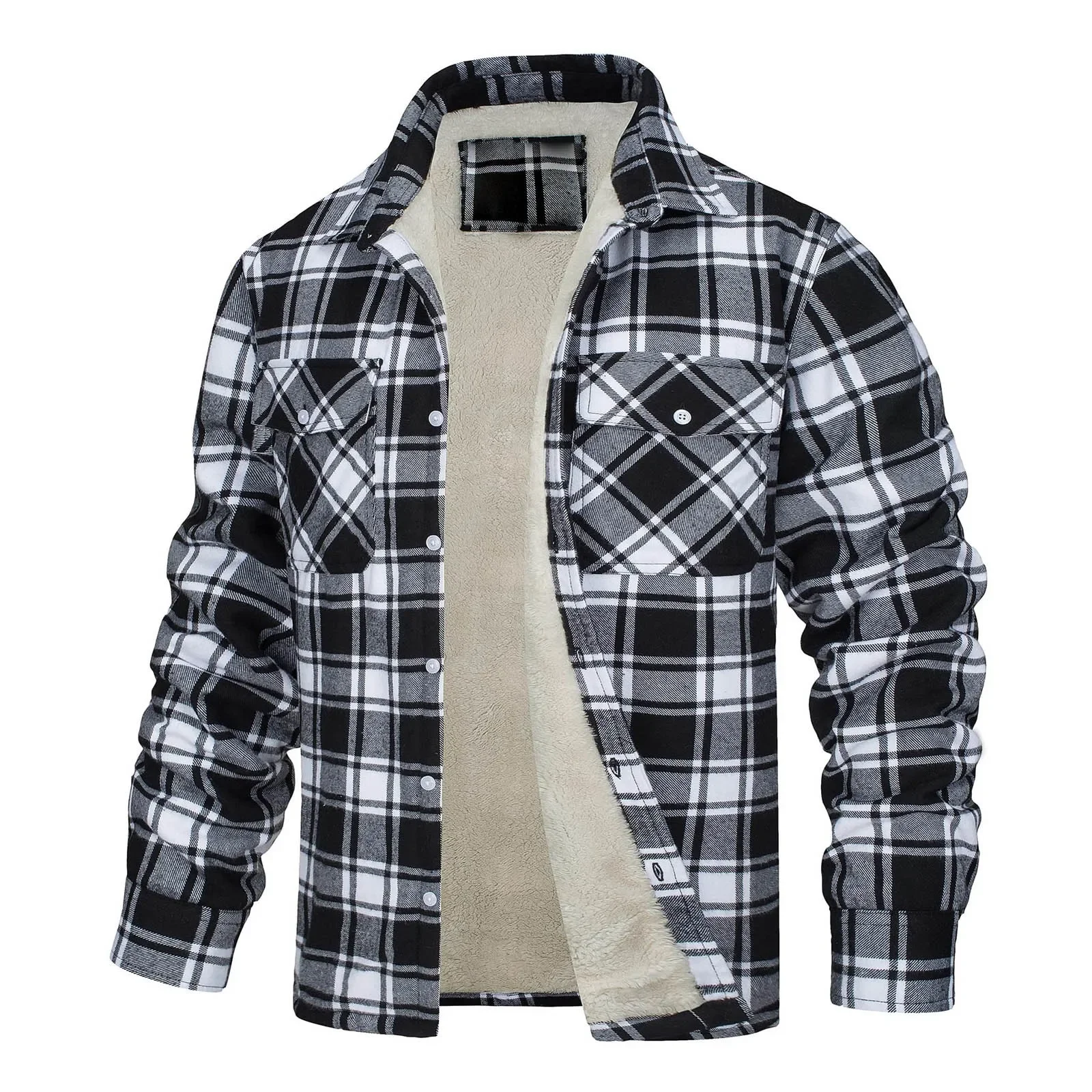 Men Fall Winter Jacket Plaid Print Lapel Soft Plush Long Sleeve Single-Breasted Loose Thickened Casual Mid Length Men Coat