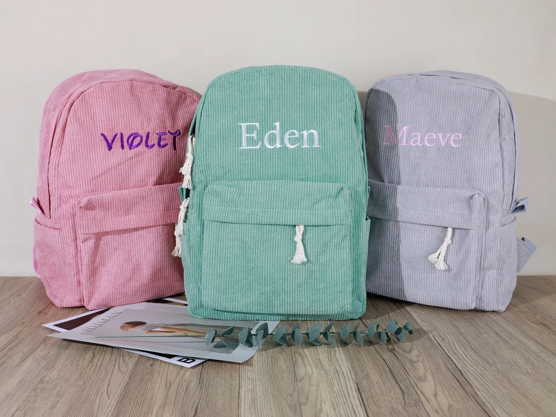 Kids School Bag, Personalized Toddler Backpack, Embroidered Name Child Book Bag, Corduroy Backpack for Birthday Gift, Diaper Bag