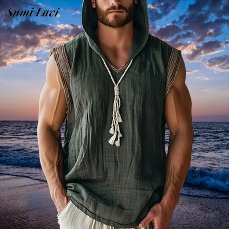 

Fashionable Mens Patchwork Hooded Camisole Summer Casual Sleeveless Ripped Tank Tops For Men Daily Leisure Loose Drawstring Vest