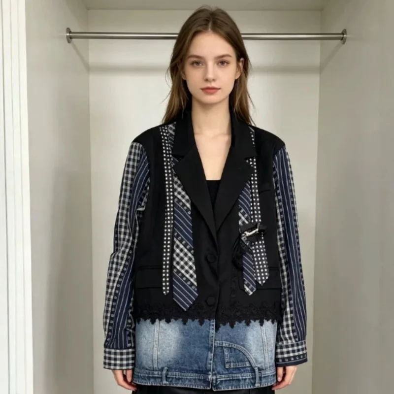 SuperAen Splicing Plaid Denim Blazer Women's Heavy Industry Belt Design Loose Fake Two Pieces Casual Jacket Top